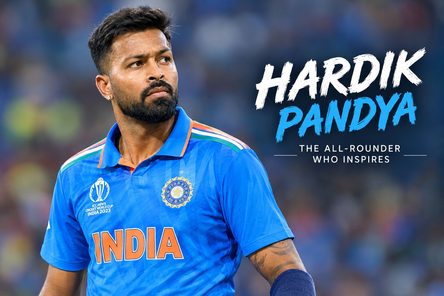Hardik Pandya in India cricket jersey, highlighting his career as a star Indian all-rounder and international cricketer.